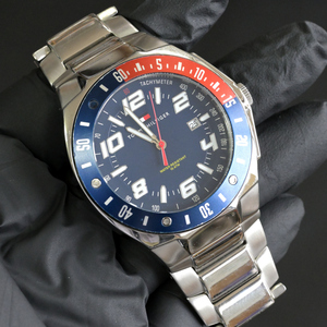 １スタ Tommy Hilfiger トミー・ヒルフィガー ブルー文字盤 3針デイト r中古腕時計 44mm メンズ クォーツ腕時計 ステンレス #P45-112