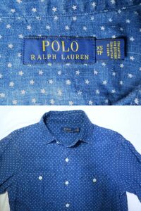 POLO RALPH LAUREN ポロ ラルフローレン 星柄 インディゴ リネン 麻 ワーク シャツ XS 165cm マチ付き RRL 猫目ボタン