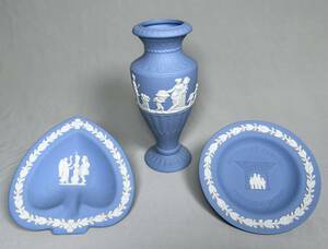 1円〜 ◆ ウェッジウッド WEDGWOOD ジャスパー / ブルーテッド フラワーベース・アッシュトレイ / 花瓶 トレイ 花器 小皿 陶器【美品】