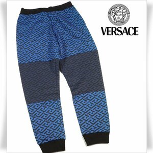 新品１円～★定価7.2万 VERSACE ヴェルサーチ メンズ イタリア製 ロゴ コットン綿 スウェットパンツ S ブルー 裏ボア 防寒 本物 ◆2462◆