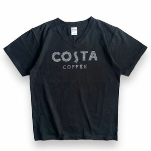 希少★COSTA COFFEE コスタ コーヒー 半袖 コットン ラインストーン Vネック Tシャツ Mサイズ BLACK 黒 TEE ノベルティ 非売品 レア