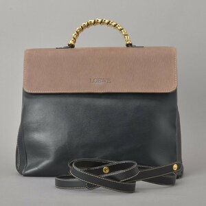 美品 LOEWE ロエベ ベラスケス ハンドバッグ ショルダーバッグ 2WAY レザー ブラック モカ ゴールド ツイストハンドル 鞄 ■d.e/d.h