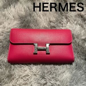 【良品】HERMES エルメス コンスタンスロング ピンク レザー ウォレット 長財布 ヴォーエプソン Q刻印 2013年製