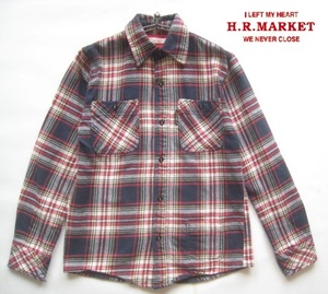 美品!!ハリウッドランチマーケット H.R.MARKET*ロゴタグ付き チェック柄ダブルポケット長袖ネルシャツ 1 実寸S ハリラン