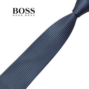 ★美品★細め★パターン柄★HUGO BOSS★高級ネクタイ ブルー系 ヒューゴボス シルク USED プレス済み ネコポス可 t1119