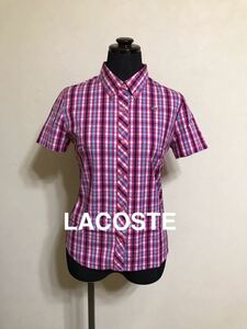 【美品】 LACOSTE ラコステ レディース ボタンダウンシャツ チェック柄 トップス サイズ38 半袖 ファブリカ CF785S ピンク系