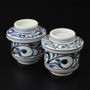 ◎463805 【SALE♪】 未使用品 砥部焼 梅山窯 蓋付 湯呑 蒸し碗 2客