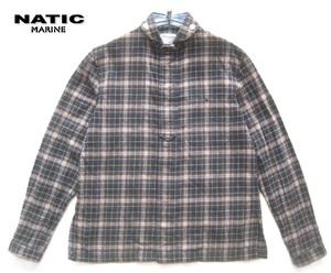 日本製!!マリンユニフォーム MARINE UNIFORM NATIC*セーラーカッティング 丸襟 チェック柄長袖シャツ M 白×茶×黒系 ナティック