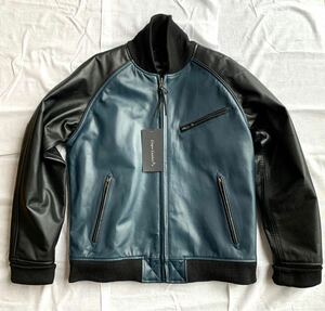 美品 Liugoo Leathers オールレザー スタジャン ネイビー ×ブラック カウハイド 牛革 メンズ Lサイズ レザー ジャケット 革ジャン