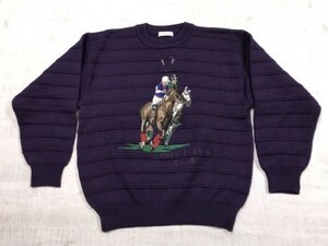 LUNEL CLUB オールド 昭和レトロ モード 古着 乗馬ジョッキー刺繍 ジャガード ボーダー ニット セーター メンズ ウール100% 日本製 L 紫