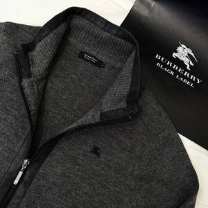 レア BURBERRY BLACK LABEL バーバリーブラックレーベル レザー切り返し羊毛ニットジャケット ホースマーク グレー黒 2(M) #2952