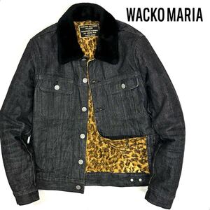 良品!!WACKO MARIA ワコマリア 裏起毛 襟ボア 豹柄 レオパード ブラック デニム ジャケット(S)黒 メンズ ブルゾン Gジャン