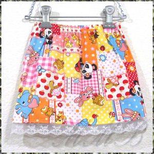 [USED] HAND MADE ハンドメイド ピンク系 パンダ うさぎ など かわいい柄のスカート 2～3歳児くらい用
