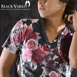 9#bv01-re BLACK VARIA 薔薇 バラ 花 チェーン柄 プレミアム Vネック 半袖Tシャツ メンズ(レッド赤) LL 日本製 吸水速乾＆2wayストレッチ