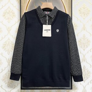 一枚限定EU製＆定価5万◆UABONI*Paris*長袖ポロシャツ*ユアボニ*パリ発◆上質 暖かい 裏起毛 ソフト 切替 レトロ 定番 通勤 ビジネス M/46