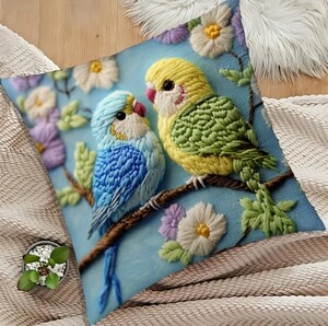 クッションカバー 　セキセイインコA　刺繍風　４５ｃｍ　鳥の雑貨　HANAKO