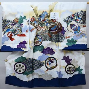 お宮参り 産着 のしめ 男児 男の子 正絹 綸子地 豪華絢爛 金刺繍 白地 兜 祝着 一つ身 掛け着 熨斗目 新品 (株) 安田屋 NO40970