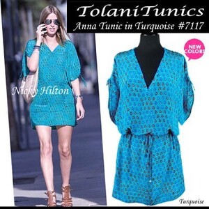 ニッキー・ヒルトン着用モデル Tolani トラニ ワンピースチュニック シルク100％ Sサイズ Turquoise 正規品