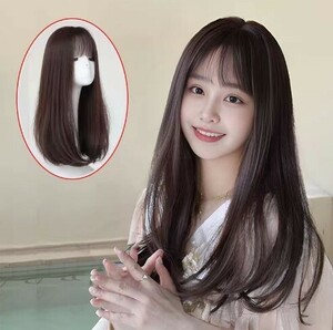 ダークブラウン ウィッグ ロング ストレート フルウィッグ 耐熱 ぱっつん ネット付 ヘアアレンジ 自然 軽い 医療用 耐熱 ナチュラル かつら