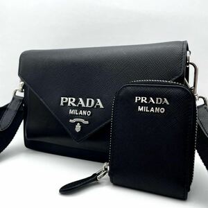 【現行 極美品】PRADA プラダ サフィアーノ エンベロープ ショルダーバッグ ポシェット 肩掛け 斜め掛けポーチ付 ICチップ 正規品 1BP020