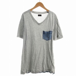 ディーゼル DIESEL Tシャツ カットソー Vネック ロゴプレート カットオフ ダメージ加工 フリンジ デニムポケット 半袖 M グレー