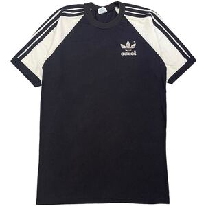 80s USA製 adidas 半袖 Tシャツ L 42-44 ブラック×ホワイト ラグラン トレフォイル ロゴ ライン スリーストライプ ヴィンテージ