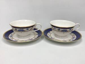 NARUMI BONE CHINA カップ&ソーサー 2客 セット レース 花柄 金彩 ホワイトxネイビーxゴールド ナルミ ボーンチャイナ 240408