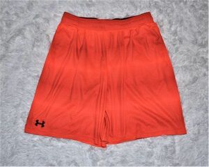 ⑲★アンダーアーマー★UNDER ARMOUR★鮮やか蛍光オレンジ２ポケット#ゴム＆紐付きハーフパンツ薄手柔らか素材ショート短パンXL#L~LL85~105