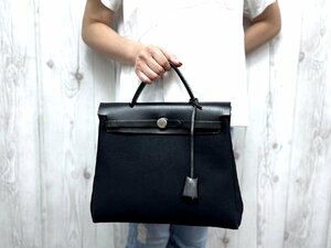 極美品 HERMES エルメス エールバッグ PM トートバッグ ハンドバッグ トワルオフィシエ トワルアッシュ キャンバス×レザー 黒 72073