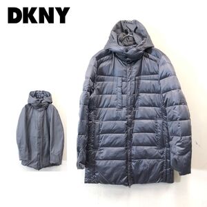 1N2513-F◆ DKNY ダナキャランニューヨーク リバーシブルダウンジャケット パーカー フーディ ◆ sizeXL ポリ ナイロン シルバー 古着 秋冬