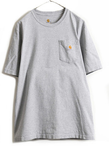 ■ カーハート ポケット付き 半袖 Tシャツ ( メンズ M ) 古着 CARHARTT 半袖Tシャツ ヘビーウェイト ポケT ロゴT 無地 ワンポイント グレー