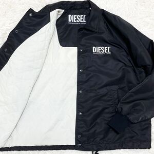 極美品 L〜XL相当 ディーゼル DIESEL コーチジャケット ブルゾン コート アウター キルティング メンズ ブラック 黒 ロゴ 刺繍 ナイロン