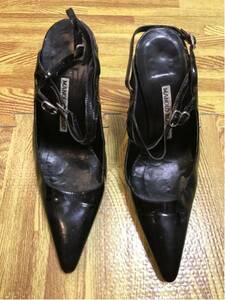 マノロブラニク36ハーフエナメル調ブラックピンヒールサンダル23.5cmMANOLO BLAHNIK