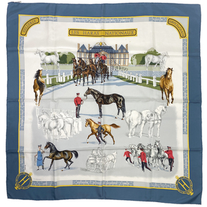 エルメス HERMES カレ 90 LES HARAS NATIONAUX 国立種馬飼育場 スカーフ シルク ブルー グレー マルチカラー レディース 【中古】