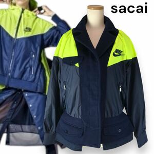 s4 Nike×sacai 2015 ペプラムジャケット ジップアップ ブルゾン アウター ナイキ サカイ スポーツ S ネイビー 蛍光イエロー 長袖 正規品