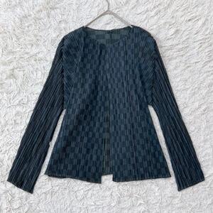 【極美品】PLEATS PLEASE プリーツプリーズ チェック カーディガン 3 L相当 ブラック 黒 ISSEY MIYAKE イッセイミヤケ