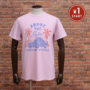 1円/BOWERY/Mサイズ/丸首Tシャツ ジャージー伸縮 ヤシの木＆車 プリント ウォッシュ加工 イタリー製 半袖 新品/ピンク/ic630/