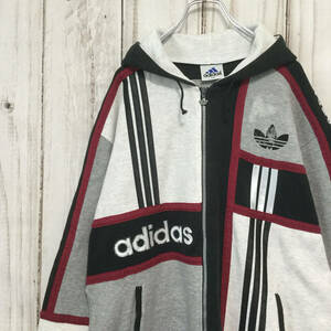 【アディダス ロゴ刺繍フルジップパーカー】 背面ビッグロゴ 配色 スウェット プルオーパー L グレー adidas 長袖 古着 [240116-026]