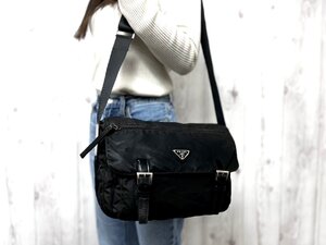 美品 PRADA プラダ テスート ショルダーバッグ バッグ ナイロン×レザー 黒 メンズ 79514