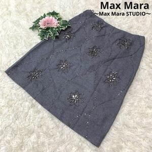 美品●Max Mara STUDIO【ビジュー/赤タグ◆ひざ丈:スカート】38:M相当 ウール セカンドライン フレア 灰色:グレー マックスマーラー