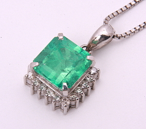 《質屋出品》Pt850/900★天然エメラルド2ct+ダイアモンドネックレス★C-4535