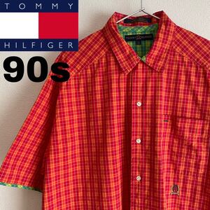 90s vintage TOMY HILFIGER トミーヒルフィガー 半袖シャツ M 刺繍 旧タグ 裾パイピング 古着 ビンテージ チェック柄 ロゴ 90年代