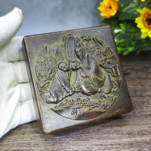 【古寶奇蔵】銅製・童子祝寿紋・墨盒・置物・賞物・中国時代美術