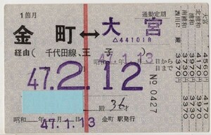 国鉄→営団→国鉄　通勤定期　青地紋　赤縦１条　１箇月　金町←→大宮　千代田線、王子経由　区間指定式　金町駅発行　S47