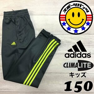 SDN4-466★USA直輸入★正規品【adidas アディダス】CLIMALITE 刺繍ロゴ サイドライン トラックパンツ【ユース 150】濃グレー 蛍光イエロー