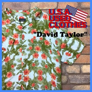 MS1-010★USA直輸入★【David Taylor】ハイビスカス ボタニカル レーヨン 半袖 アロハシャツ【メンズ XL】ライトブルー アメカジ レプリカ