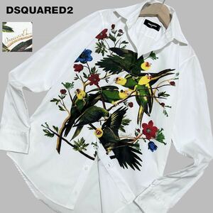 未使用級/L相当●DSQUARED2 ディースクエアード 花柄 フラワー 鳥 総柄 長袖 ドレスシャツ 羽織り ホワイト 白 42 イタリア製 通年 メンズ 