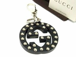 1円 ■極美品■ GUCCI グッチ インターロッキングG スタッズ キーホルダー キーリング バッグチャーム ブラック系×シルバー系 BI3009