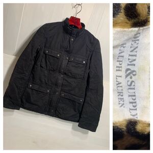 DENIM&SUPPLY RALPH LAUREN ラルフローレン 黒　レオパード　ヒョウ柄フェイクファー　ワックスコットン　オイルドジャケット　S ブラック