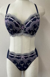 CR14357 IB⑥【特価】新品 大きい ブラジャー＆ショーツ E75 L １セット ネイビー 有名ブランド レース 花柄 刺しゅう 訳あり レディース